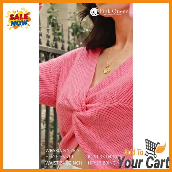 Cropped V-Neck Pullover Sweater, Long Sleeve Twist Knot Top, Soft Knit - Picture 8 of 8